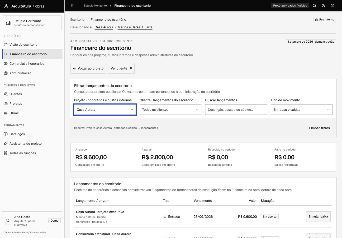 Tela demonstrativa do financeiro do escritório com honorários e lançamentos administrativos.