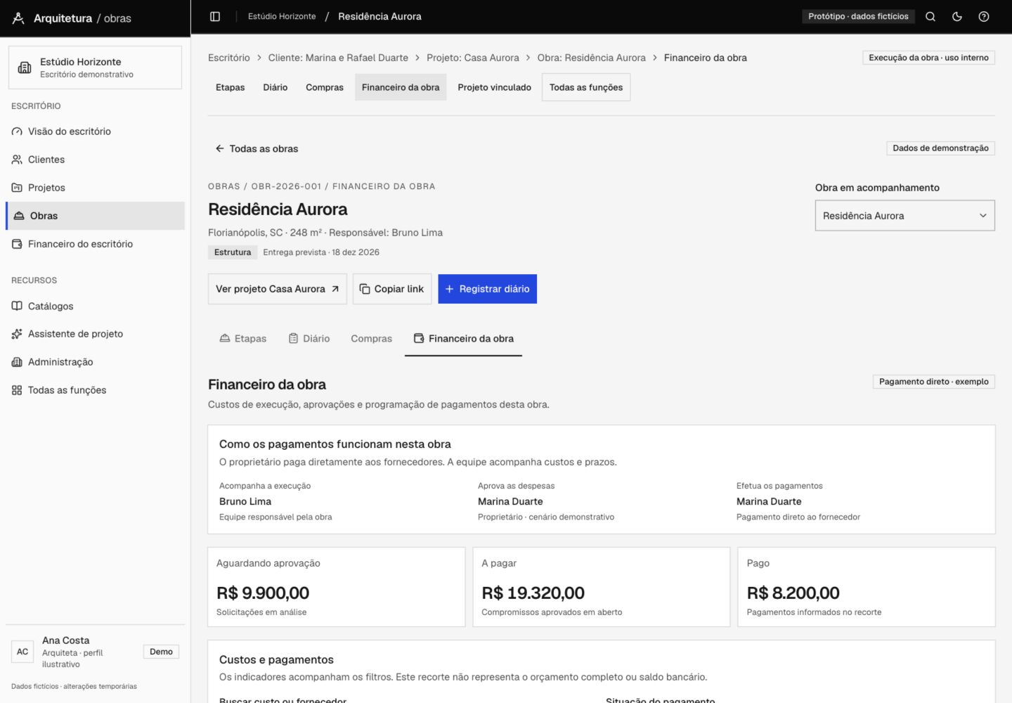 Tela demonstrativa do financeiro de uma obra, com custos, responsáveis e pagamentos.